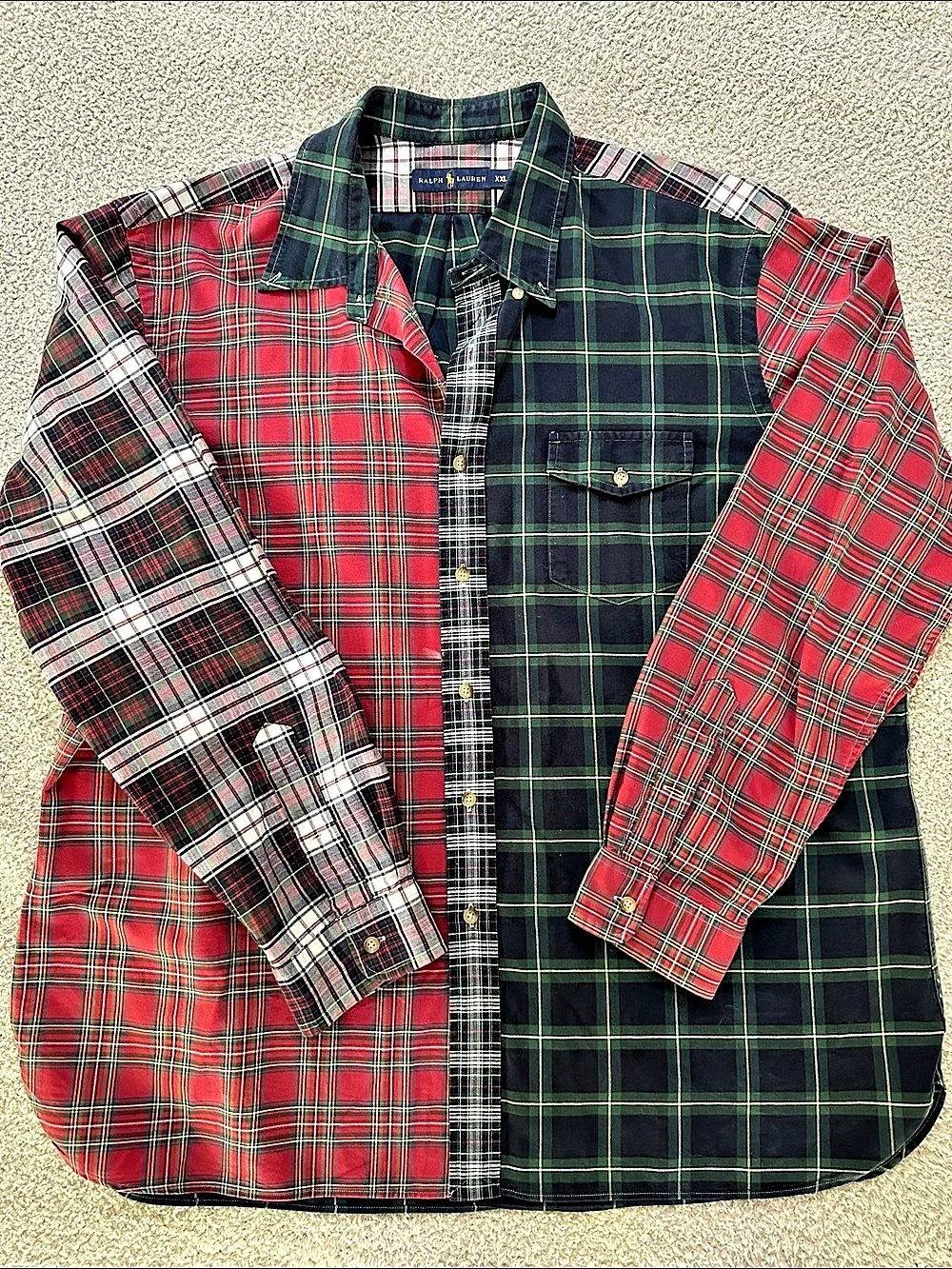 Ralph Lauren Plaid Patchwork Long Sleeve Shirt Red & Green XXL